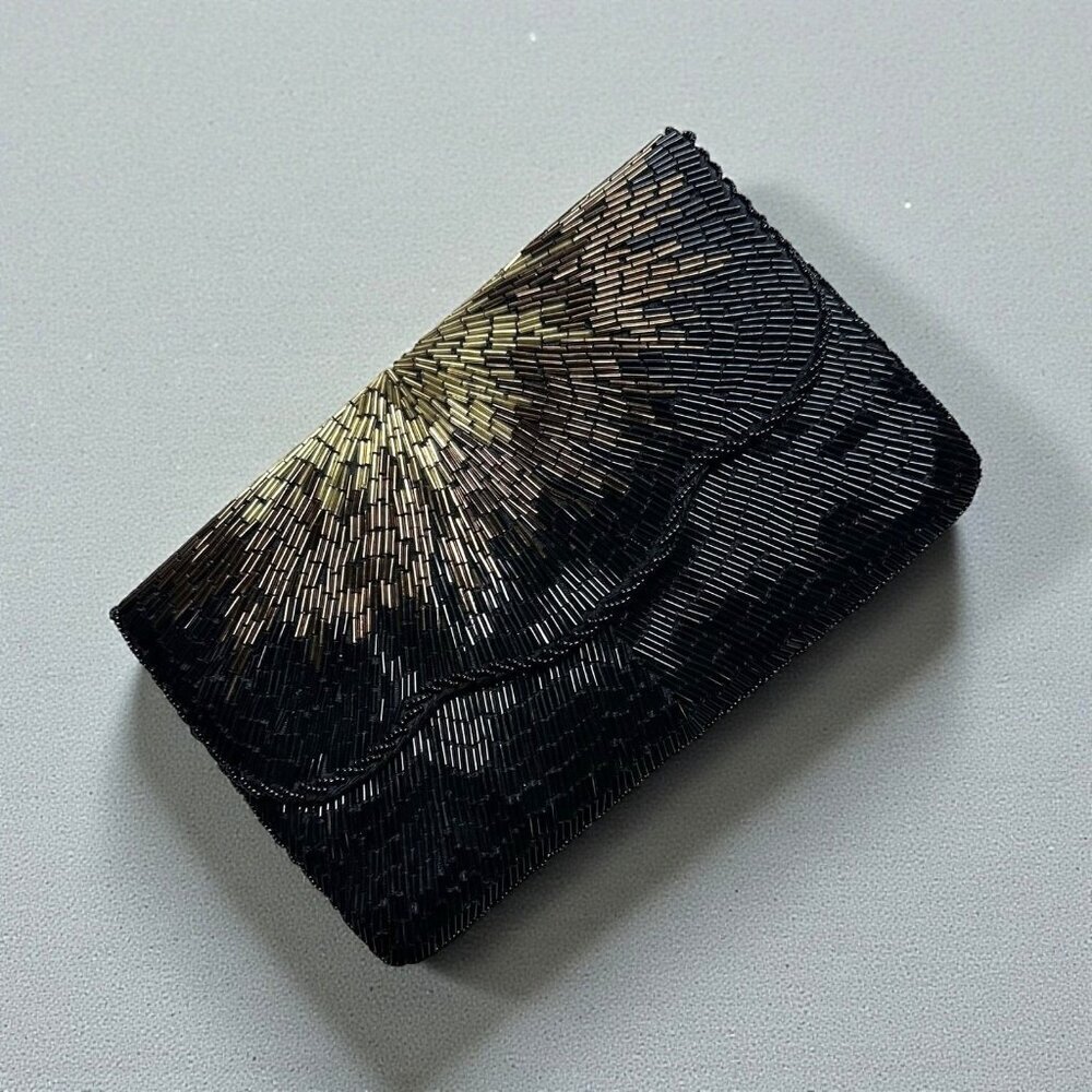 Vintage La Regale Black/Gold/Bronze Beaded Evening Clutch Hong Kong